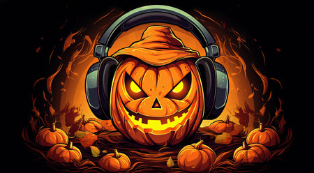 Happy cheerful Halloween pumpkin jack-o-lantern listening to music on headphones isolated on black background. AI generatedの写真素材