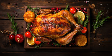 A dish with a large roast turkey stands on a wooden table. Roasted turkey with herbs, berries and vegetables. AI generatedの写真素材