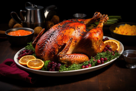 Homemade roasted Thanksgiving Day turkey with greens, berries and vegetables. AI generatedの写真素材