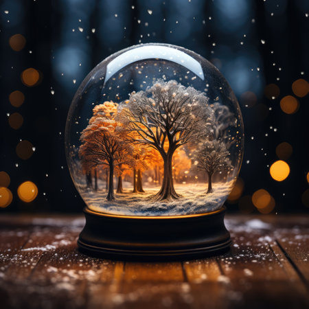 Beautiful snow-covered park inside a glass ball. AI generated