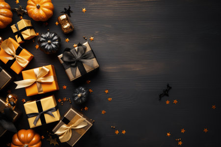 Table with Halloween gifts. Top view of presents with Halloween gifts and copy space. AI generatedの写真素材