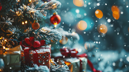 Gifts under the Christmas tree. Festive atmosphere of winter holidays. Template for Christmas card. AI generatedの写真素材