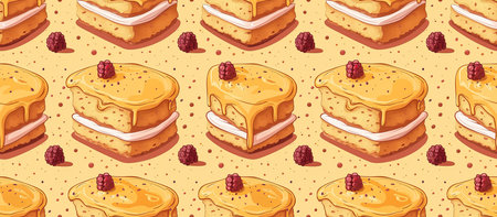 Sponge cake with with raspberries, background seamless texture in cartoon styleの写真素材