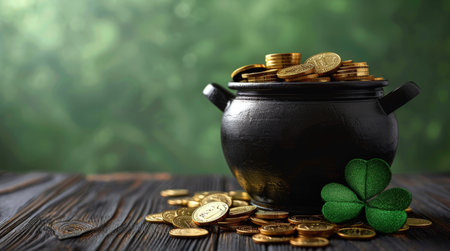 St. Patricks Day card design with leprechaun pot filled with goldの写真素材