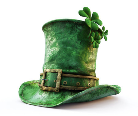 Old green leprechaun hat decorated hat decorated with clover leaves isolated on whiteの写真素材
