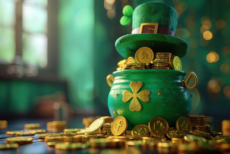 St. Patricks day design concept with green pot full of gold coins and leprechaun hatの写真素材