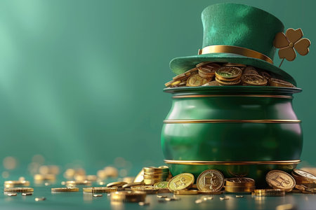 St. Patricks day design concept with green pot full of gold coins and leprechaun hatの写真素材