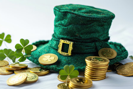 Green leprechaun hat on a pile of gold coins. St. Patricks Day design