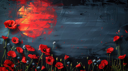 Red poppy flowers on a dark background. Design template for Memorial Dayの写真素材