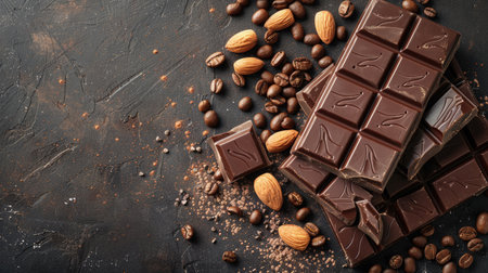 On a dark table lies a broken bar of dark chocolate, nuts and coffee beans.の写真素材