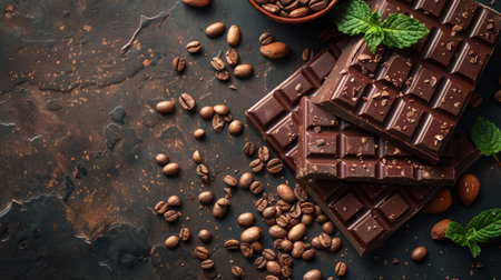 On a dark table lies a bar of dark chocolate, nuts and coffee beans.