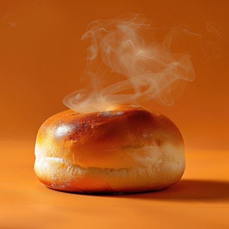 Single freshly baked steamy bread bun in isolated orange backgroundの写真素材