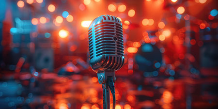 Close-up of a concert microphone on a stand on a bright abstract background