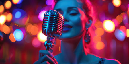Elegant woman sings into a concert microphone Singer in front of a microphoneの写真素材