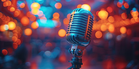 Close-up of a concert microphone on a stand on a bright abstract backgroundの写真素材