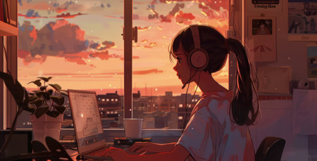 A girl wearing headphones works at a laptop near the window. Sunset Lo-fi Vibes.の写真素材