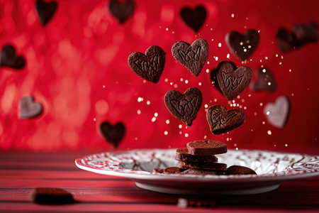 Heart-shaped chocolate cookies are poured onto a plate. AI generated