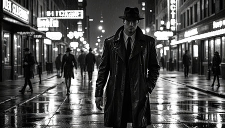 An elegant young man in a black cloak and hat stands on the night street of a big cityの写真素材