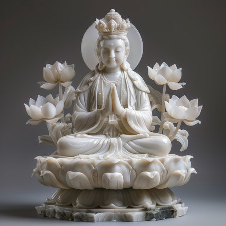 Figurine of a meditating Buddha surrounded by lotus flowersの写真素材