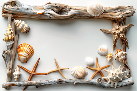 Wooden frame mockup made of driftwood with shells on white backgroundの写真素材