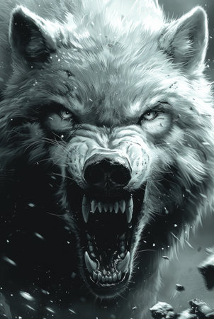 Evil white wolf showing teeth, horror, graphic novel aesthetics, dark minimalist comic book style