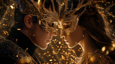 Close-up of two people wearing ornate masquerade masks in gold and blue gazing into each others eyesの写真素材