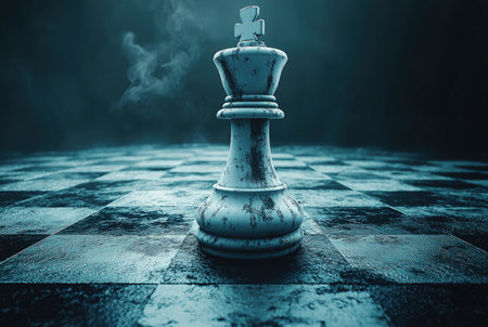 A large, badly damaged, battered white king chess piece in the dark on a chessboardの写真素材