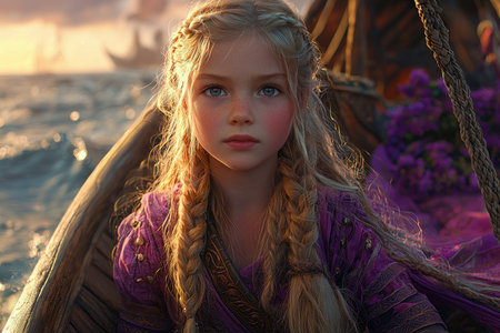 Happy little viking girl in an ornamental wood viking longship flying on sea waves down