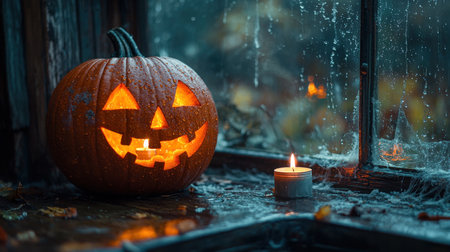 Carved Halloween pumpkin by the window in an abandoned house, a candle burning nearbyの写真素材
