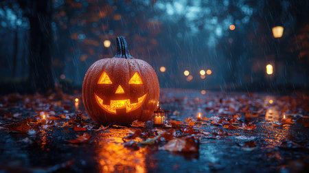 Halloween atmosphere, carved halloween pumpkin stands on autumn street with fallen leavesの写真素材