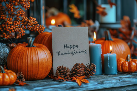 Happy Thanksgiving - handwritten lettering on thick cardboard on a cozy autumn backgroundの写真素材