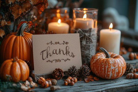 Happy Thanksgiving - handwritten lettering on thick cardboard on a cozy autumn backgroundの写真素材
