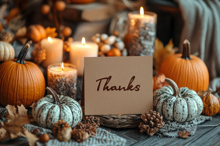 Happy Thanksgiving - handwritten lettering on thick cardboard on a cozy autumn backgroundの写真素材
