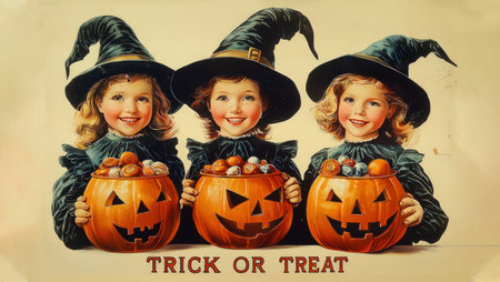 Three cute little girls dressed as witches with Halloween pumpkin shaped containers full of sweetsの写真素材