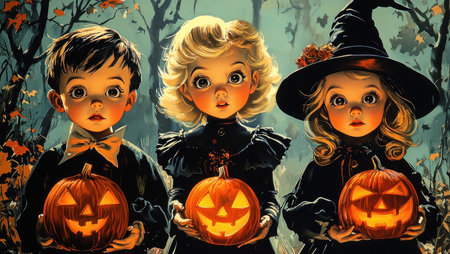 Kids in Halloween costumes. Trick-o-treatの写真素材