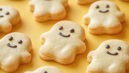 Cute ghost-shaped cookies with icing smiles sit on a bright yellow background