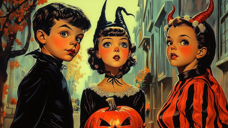 A boy and two girls in carnival costumes on Halloween