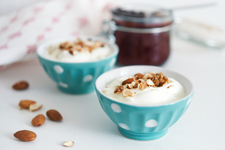 yoghurt dessert with nuts. selective focusの写真素材
