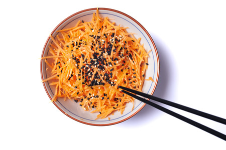 fresh healthy carrot salad in bowl. top viewの写真素材