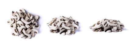 raw sliced champignons isolated on white background, three types of viewの写真素材