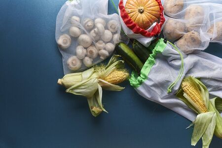 vegetables in reusable bags. zero waste concept. top viewの写真素材