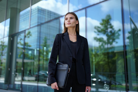 Young business woman with a briefcase on the background of an office building