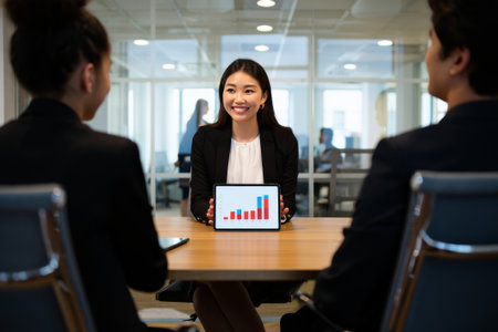 Group of business people discussing the charts and graphs showing the results of their successful...