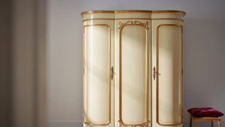 golden cupboard on a white wall in the interior of the roomの素材