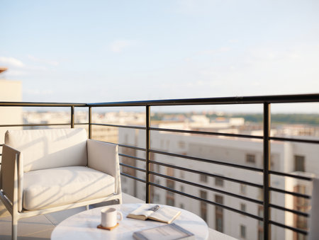 Table and chairs on the terrace of a luxury hotel or apartmentの素材
