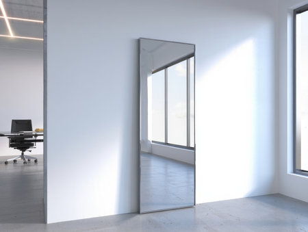 Modern office interior with glass door and daylight. 3D Renderingの素材