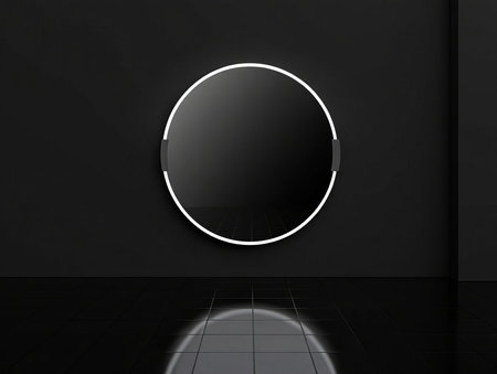 3D rendering of a black room with a round mirror on the wallの素材