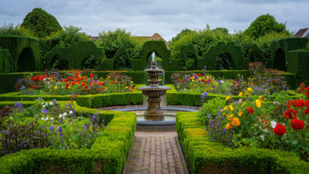 Beautiful garden with a fountain and colorful flowers in the foreground.の素材