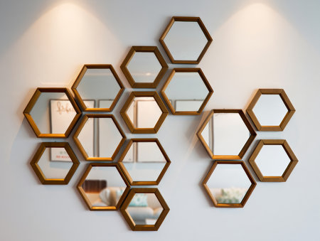 Hexagonal frames on the wall of a modern office building.の素材