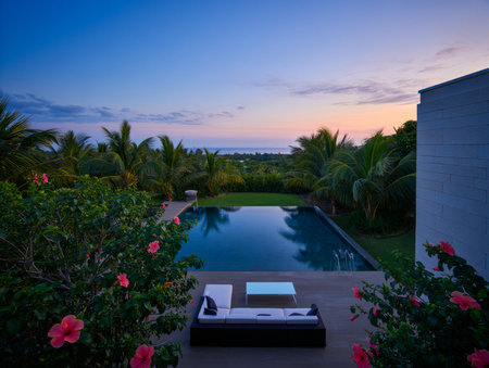 Swimming pool in luxury villa with palm trees at sunset.の素材